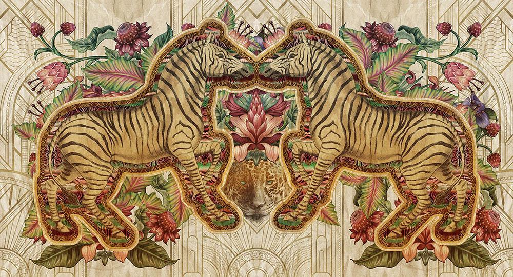 Deco Brothers in Light Gold - Cobalt - MU12086 - Digital Print - Muance - Kube Contract