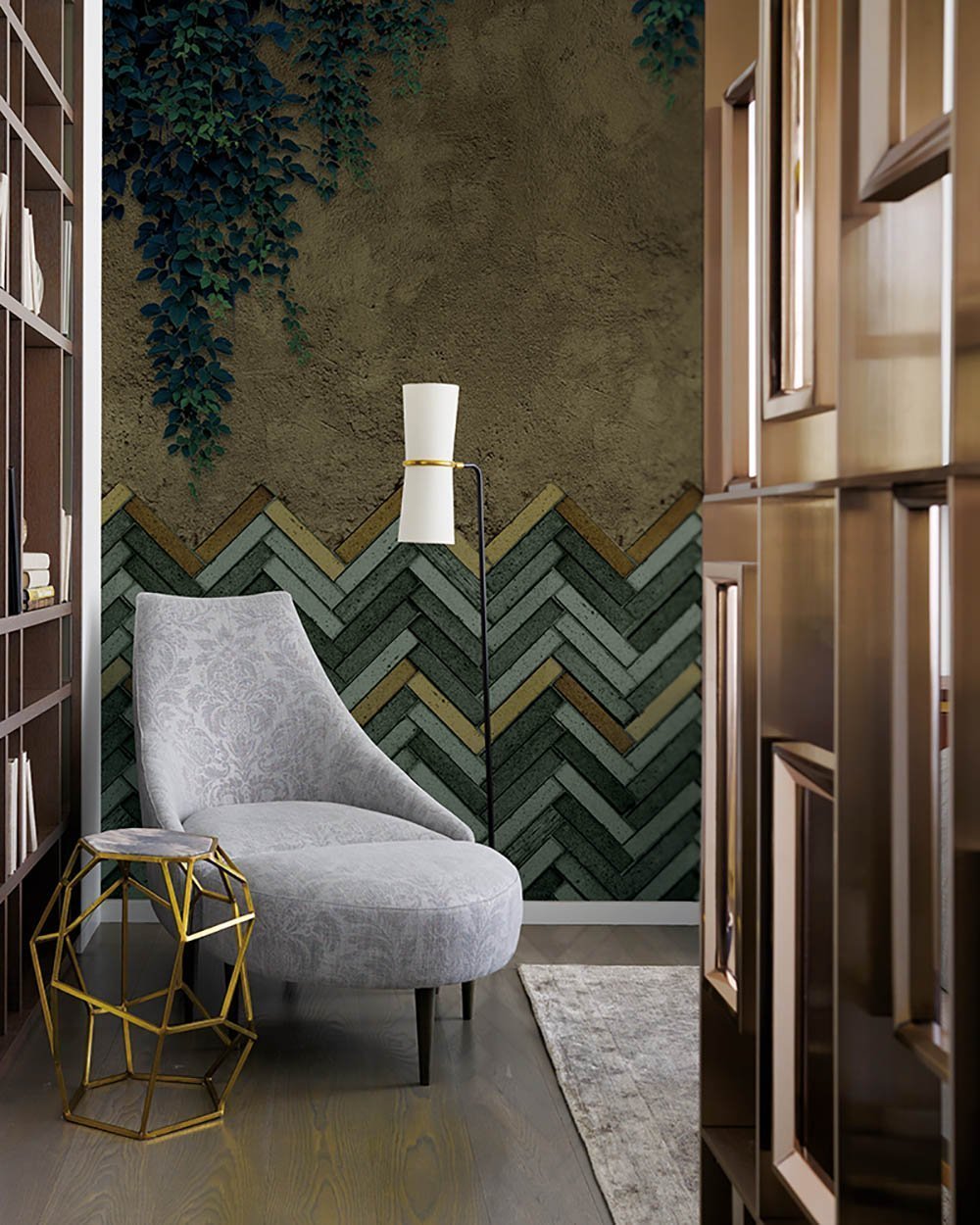 Fishbone Bricks in Green - Cobalt - MU12046 - Digital Print - Muance - Kube Contract